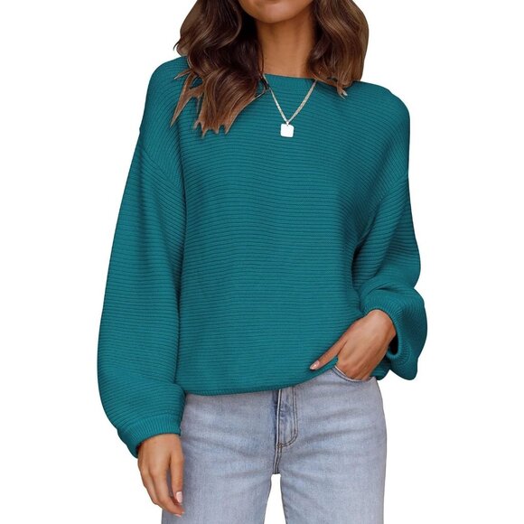 Women's Pullover Sweater Tops Dark Teal Crew Neck Long Sleeve Casual Loose Knit